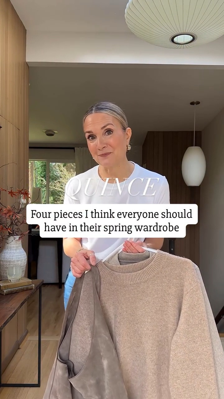 Four spring wardrobe essentials from @onequince  !
 
✅Straight leg jeans: these are only $50 but have a designer brand fit!
✅Lightweight jacket: Needs to be warm enough for chilly days and roomy enough to layer over a tee or sweater. Choose a lighter color for spring vibes. 
✅Crewneck cashmere sweater: Endlessly versatile and cozy without being too bulky. Choose a light or pastel color. 
✅Suede bag: A modern update that will take you all the way to summer! This pebble color is the perfect practical choice and goes with everything. 

I’m 5’6” and wear small in tops and jackets and 26 in jeans. 

#everydaystyle #capsulewardrobe #fashionover40 #over50style #styletips

#LTKootd #LTKSeasonal #LTKOver40