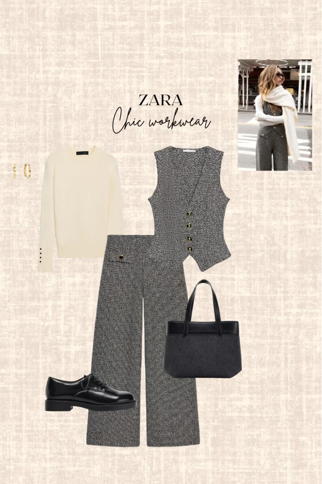 Zara chic workwear! 

Vest, pants, bag, shoes, sweater, earrings 

#LTKFindsUnder100 #LTKSeasonal #LTKootd