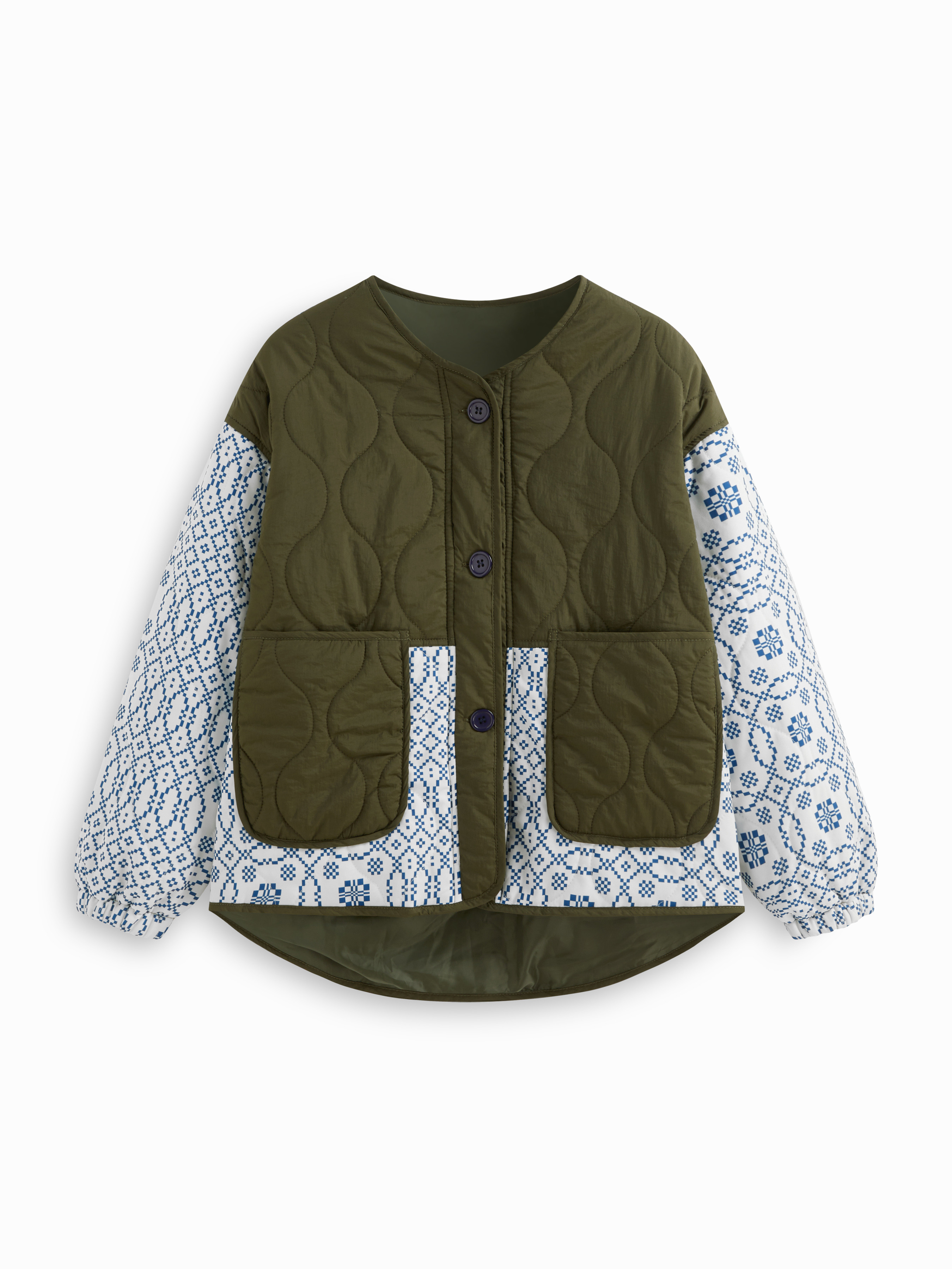 Woven Geometric Two Tone Pocket Quilted Jacket For Daily Casual | Cider