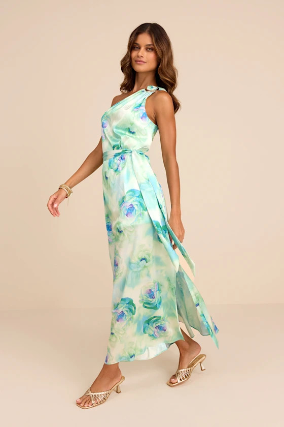 Goddess Aura Light Green Floral Satin One-Shoulder Maxi Dress | Lulus