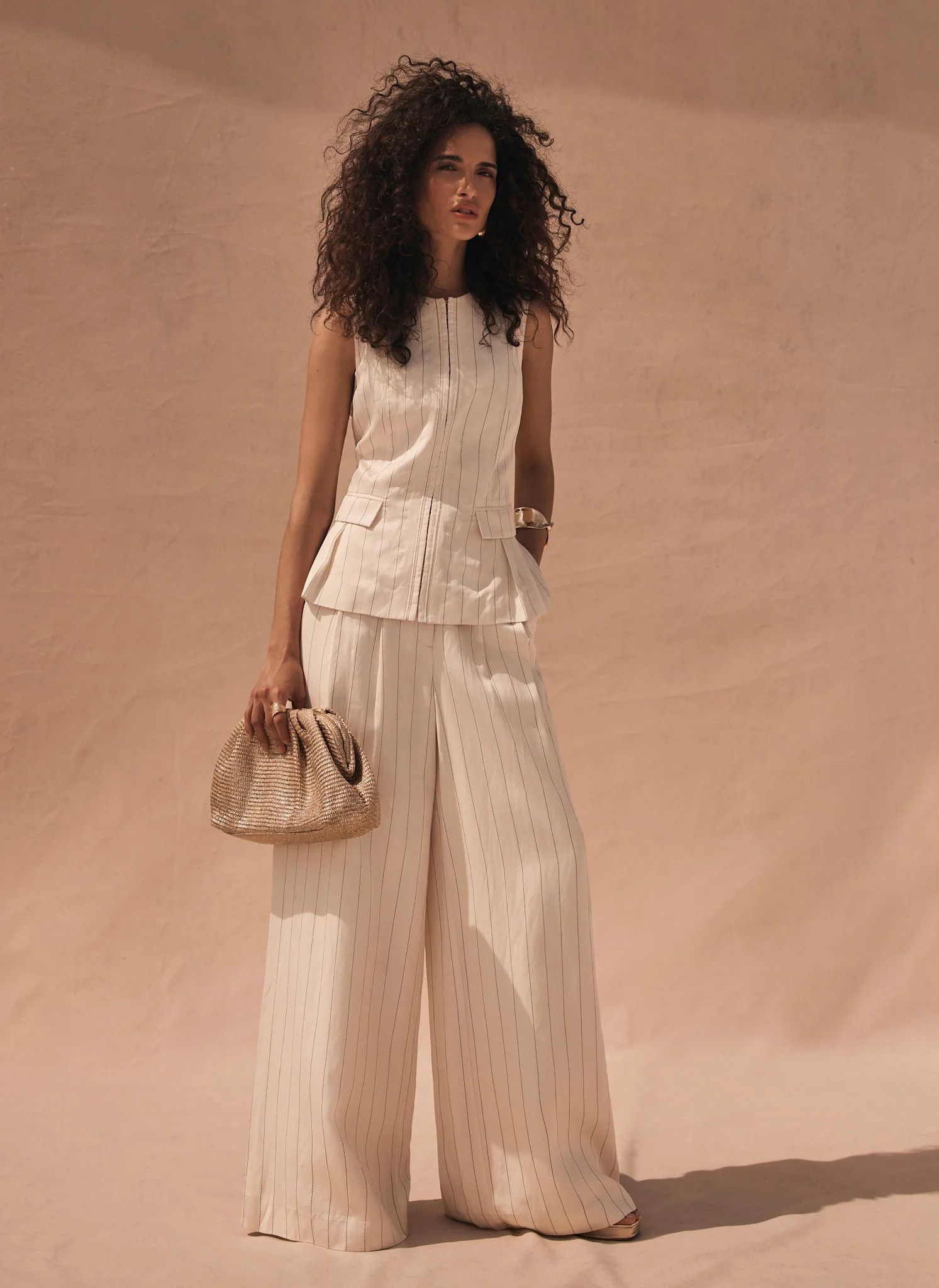 Cream Pinstripe Wide Leg Trousers | Mint Velvet