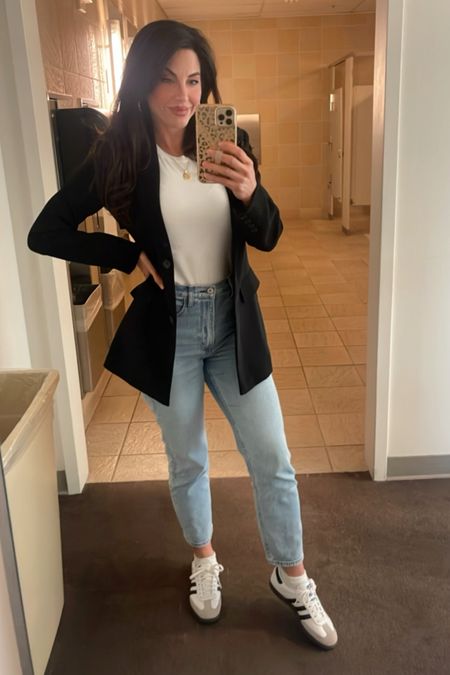 Casual Friday work outfit ideas anyone?! 
This exact blazer is past season Good American but will link some similar. Jeans are Abercrombie Curvy Love, 25 reg. Tee is Old Navy, small. Sneakers are Adidas, kid size 5.5 equivalent to women’s 7-7.5.

#LTKover40 #LTKworkwear #LTKstyletip