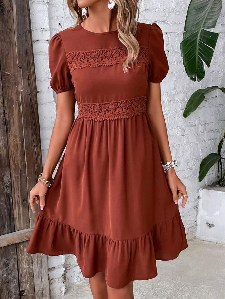 SHEIN VCAY Guipure Lace Insert Puff Sleeve Ruffle Hem Dress | SHEIN