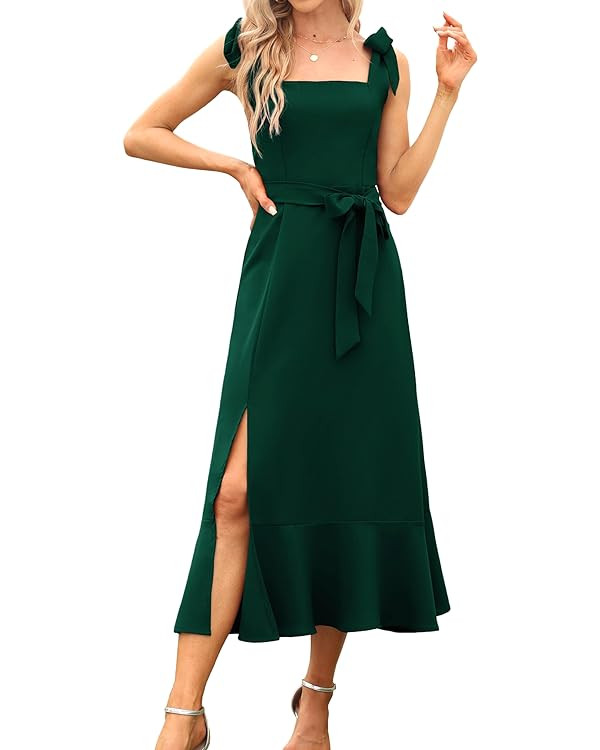 Women's Elegant Bridesmaid Dresses Square Neck Ruffle Split Midi Formal Dress for Wedding Guest C... | Amazon (US)