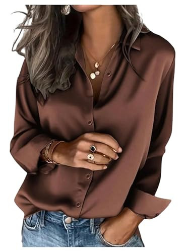 SHENHE Women's Satin Blouse Button Down Dress Shirt Long Sleeve Business Casual Work Blouse Coffee Brown Small | Amazon (US)