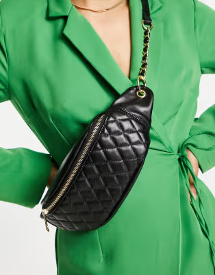 ASOS DESIGN quilted chain detail fanny pack in black | ASOS (Global)