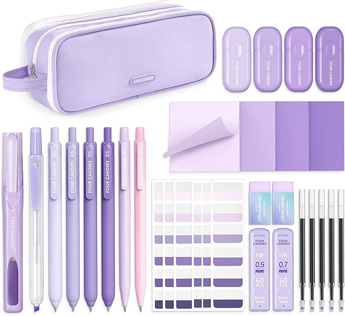 Four Candies Aesthetic Purple School Supplies Kit with Case for Girls | Back to School Stationery... | Amazon (US)