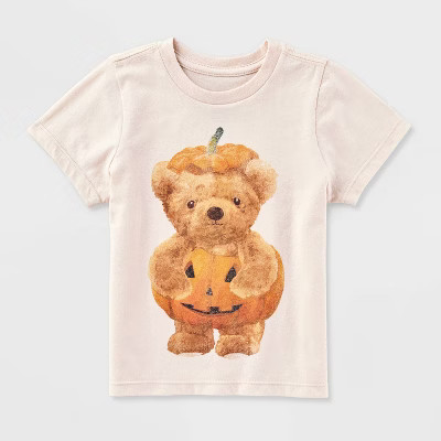 Toddler Short Sleeve Halloween Teddy Bear Pumpkin T-Shirt - Beige | Target