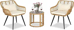 HTTH 3 Pieces Patio Conversation Bistro Set, Outdoor Woven Rope Table Set, Tan Wicker Chat Set wi... | Amazon (US)