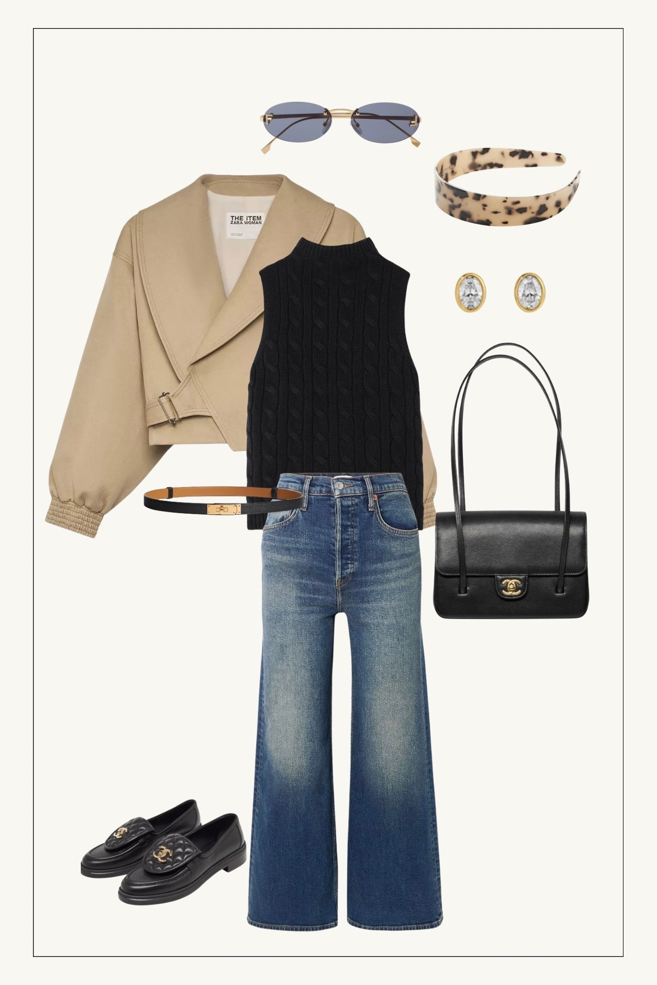 Carolyn Bessette-Kennedy coded outfit, CBK inspired outfit, school pickup outfit, Zara trench coat, black turtleneck tank, Chanel preppy coco bag, Hermes belt, diamond stud earrings, tortoise headband, Chanel loafers, Saint Laurent loafers, east west bag 

#LTKootd #LTKOver40 #LTKWorkwear