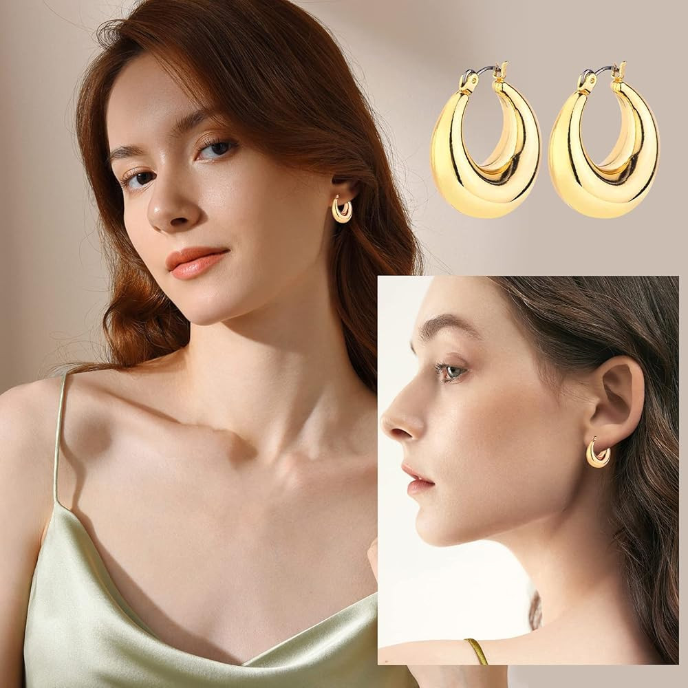 Gold Chunky Hoop Earrings Set for Women, 14K Gold Plated Twisted Huggie Hoop Earring Hypoallergen... | Amazon (US)