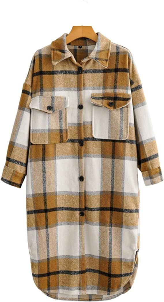 Nituyy Long Plaid Cardigan for Women Long Sleeve Lapel Button Down Plaid Trench Coat ShirtFall Wi... | Amazon (CA)