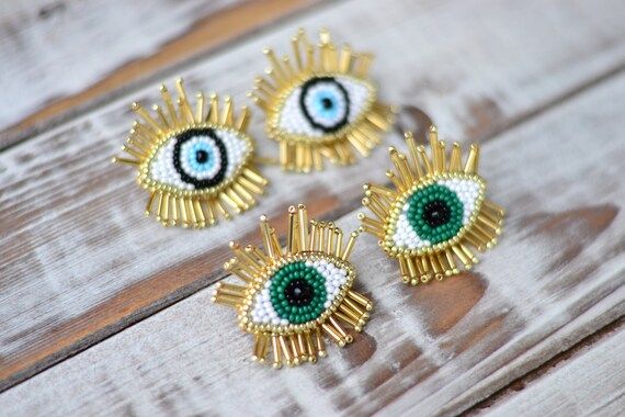 Evil eye beaded stud earrings gold blue green eye | Etsy (US)