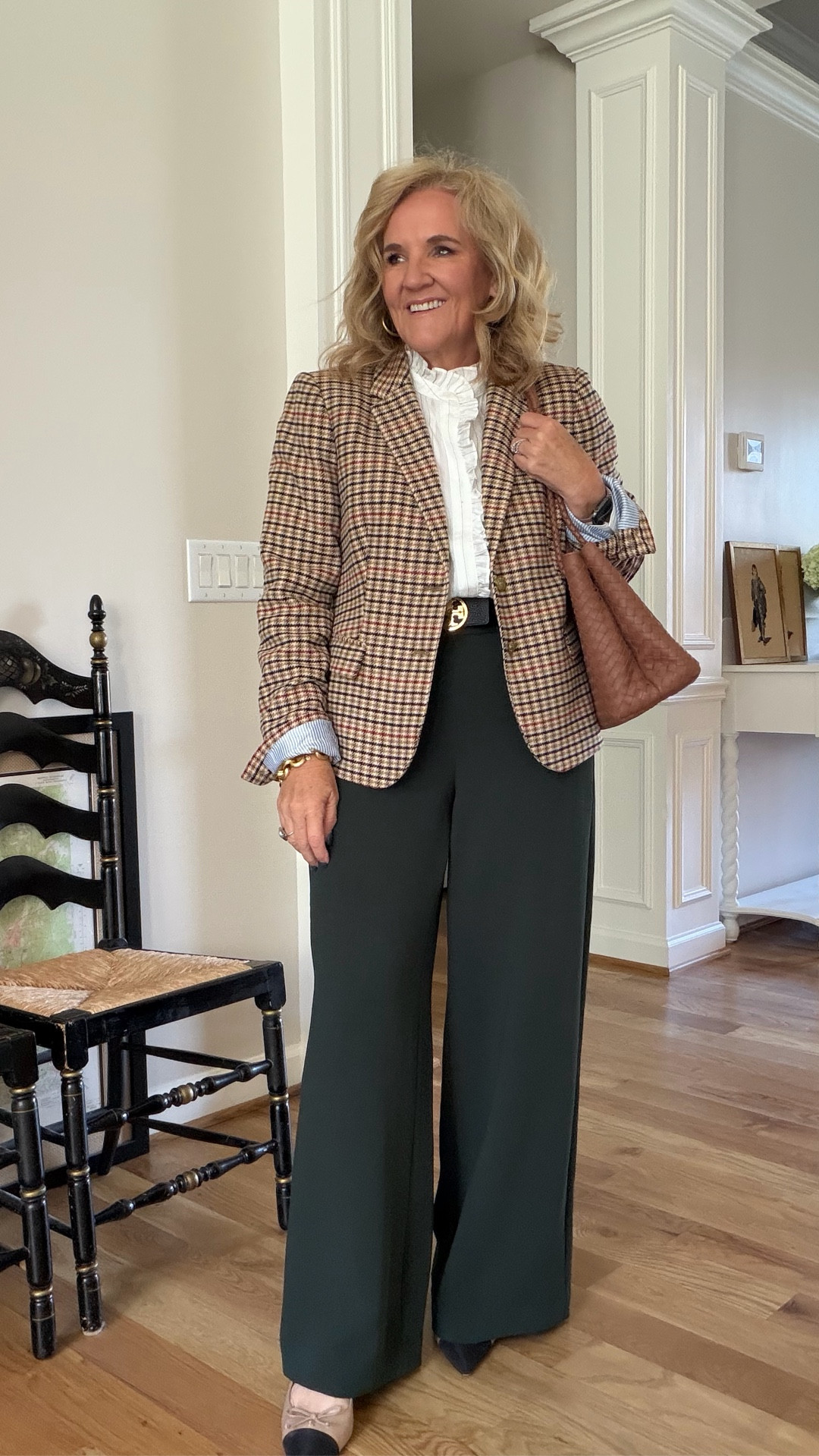 5 office outfits many of these pieces have great sales going on! 
Tweed blazer size 12 
Green trousers size small
Pinstripe ruffle blouse size small
Dress size 8 petite (right in between petite and reg)
Camel coat size 10 petite 
Spanx micro flare size large petite 
White blouse size med
Cardigan size large 
Pinstripe pants size 8 (I need a 10)
Navy blazer 10 petite 
Red Cashmere sweater size large (medium prob better) 
Sweater vest medium petite 
Striped blouse size medium 
Paige anessa jeans size 29 
JCREW boots size up 1/2 
Slingbacks size up 1/2 

#LTKWorkwear #LTKSaleAlert #LTKOver40