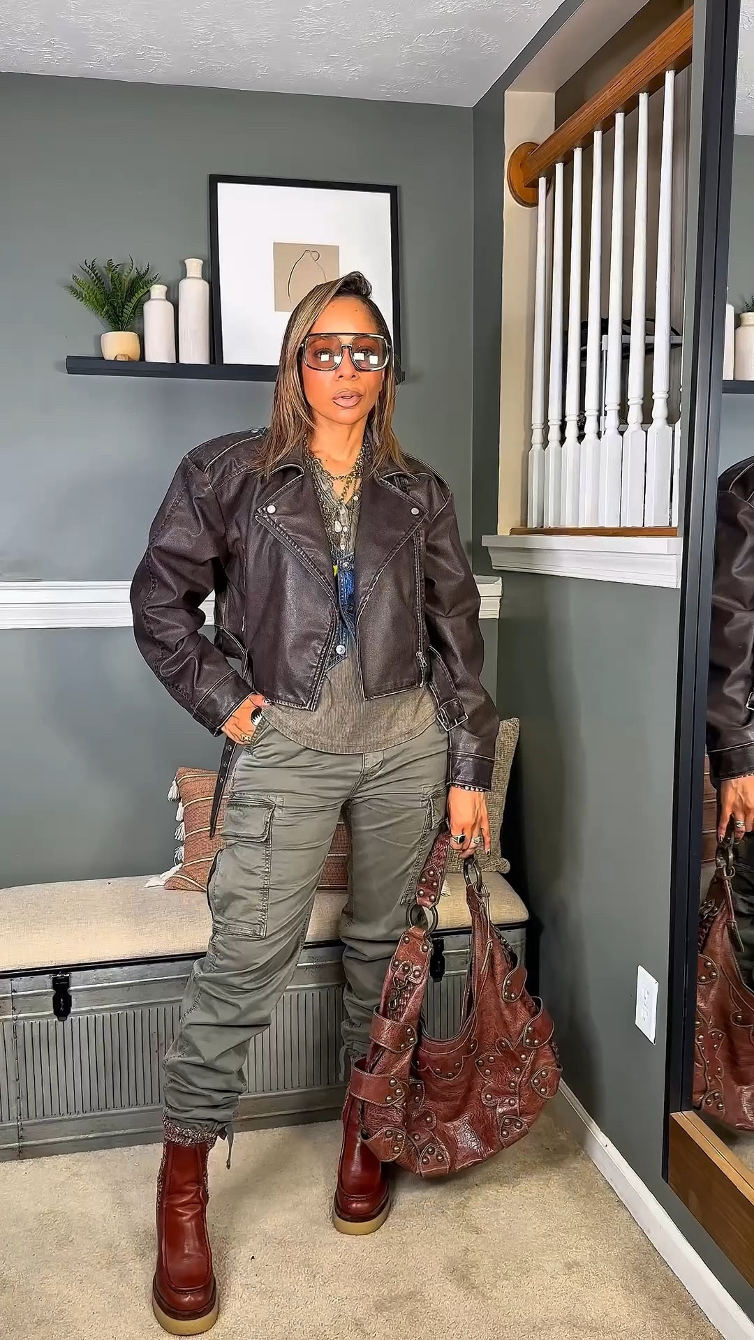 Restyling my favorite cargos 🍂 Perfect for Fall 🍁 Added platform boots, a faux leather jacket and sunnies. Wearing a size 28 x 32 in the cargos. 

#LTKFindsUnder50 #LTKStyleTip #LTKOver40