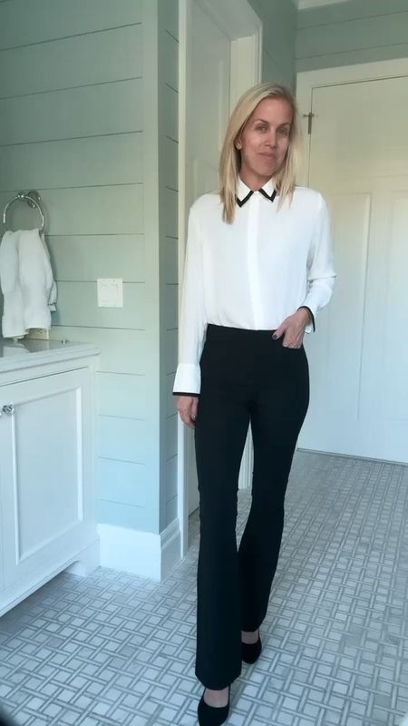 Thanksgiving or Holiday outfit option from Old Navy: black high waisted flare pants, crepe long-sleeved button down with pretty black piping. Both are TTS. Gretchen wearing a 4 in the pant here. Pair with heels or our favorite black bootie- both linked! 

#LTKSeasonal #LTKover40 #LTKHoliday