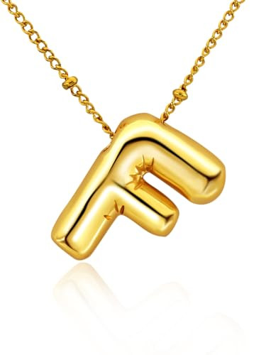 PIYIZ Small Bubble Letter Necklace 18K Gold Plated Balloon Pendant Cute Alphabet Initial F Necklace Choker Length 16" with 2" extender | Amazon (US)