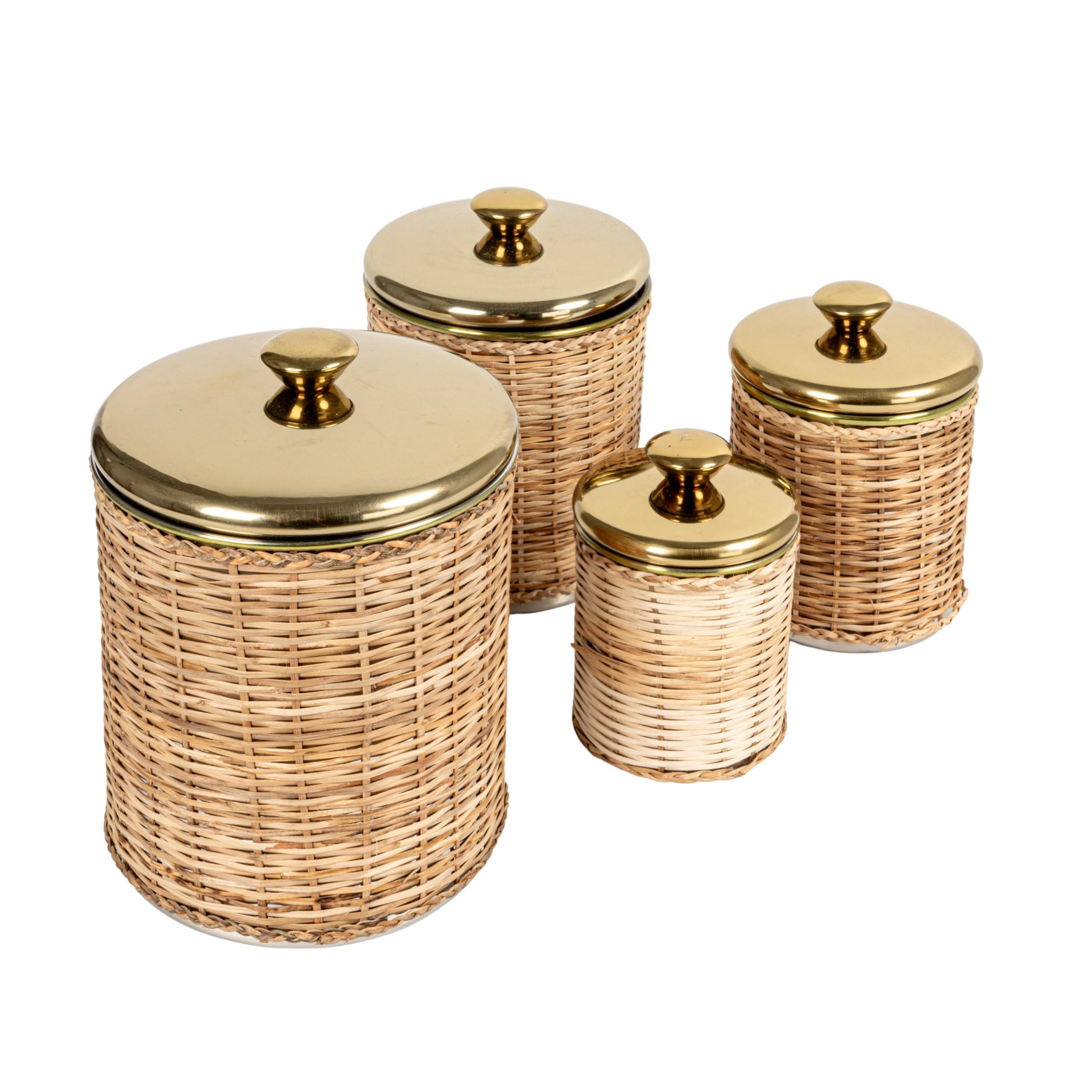 Creative Co-Op Rattan Wrapped Stainless Steel Canisters, Set of 4, Brass Finish | Amazon (US)