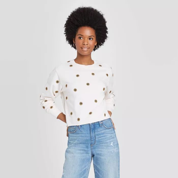 Women's Embroidered Daisy Cropped Sweatshirt - Mighty Fine (Juniors') - Cream | Target
