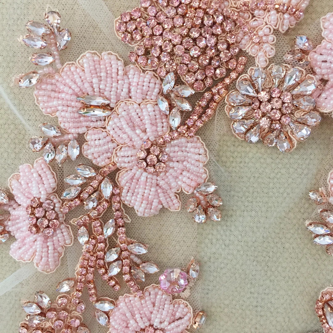 Baby Pink 3D Flower Rhinestone Applique Pair Crystal Beaded Bridal Gown Bodice Cape Couture Cryst... | Etsy (US)