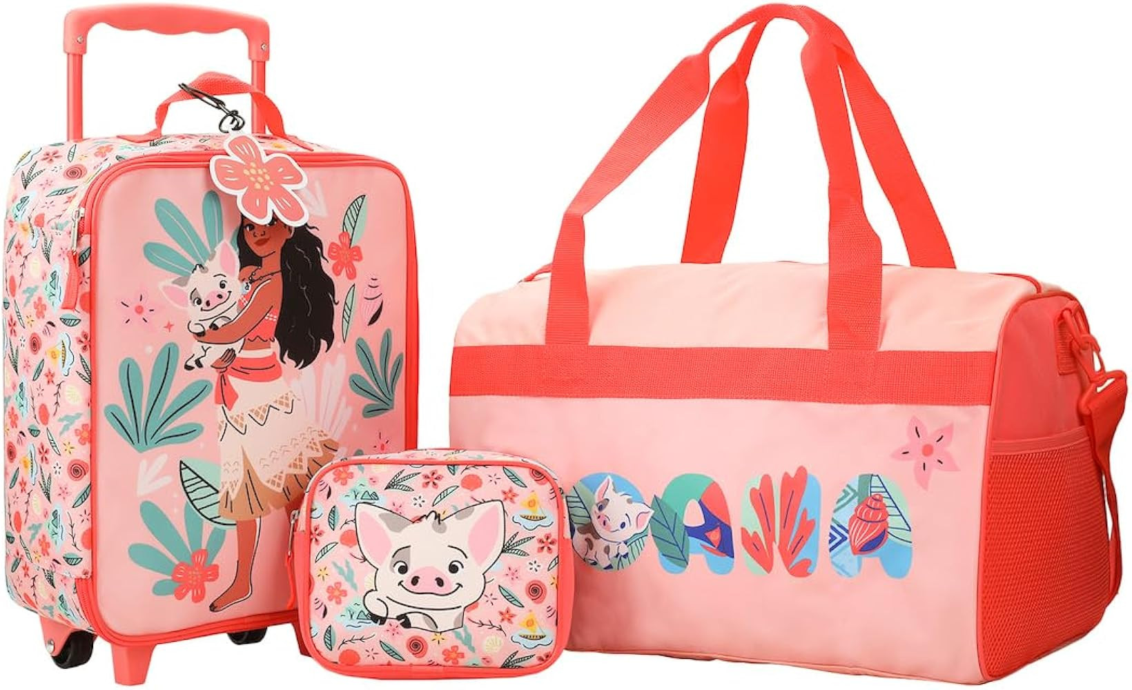 Bioworld Moana Pua & Moana Tropical Print Youth 4-Piece Carry On Luggage Travel Set | Amazon (US)