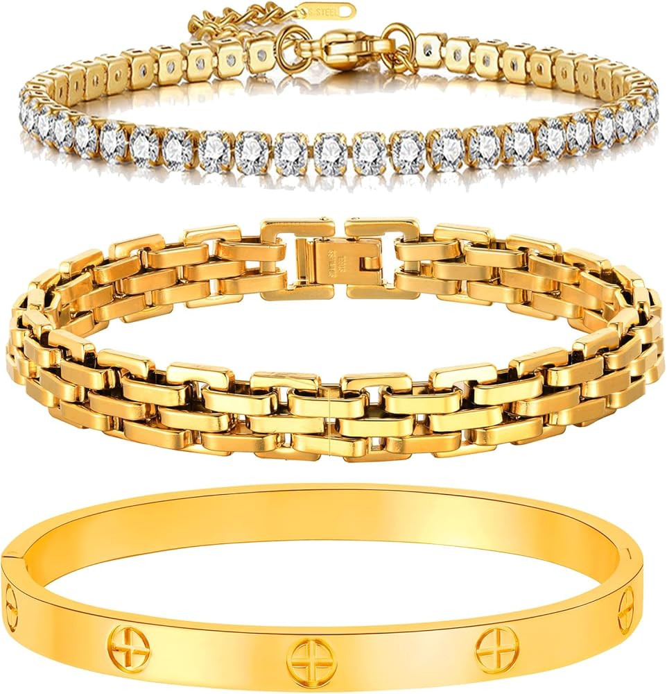 18K Gold Plated Love Bangle Bracelet Set Cubic Zirconia Classic Stainless Steel Watch Band Chains... | Amazon (US)