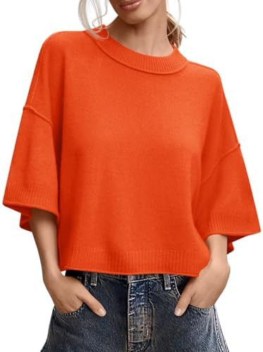Saodimallsu Womens Short Sleeve Sweater Oversized Cropped Sweaters Knit Top | Amazon (US)