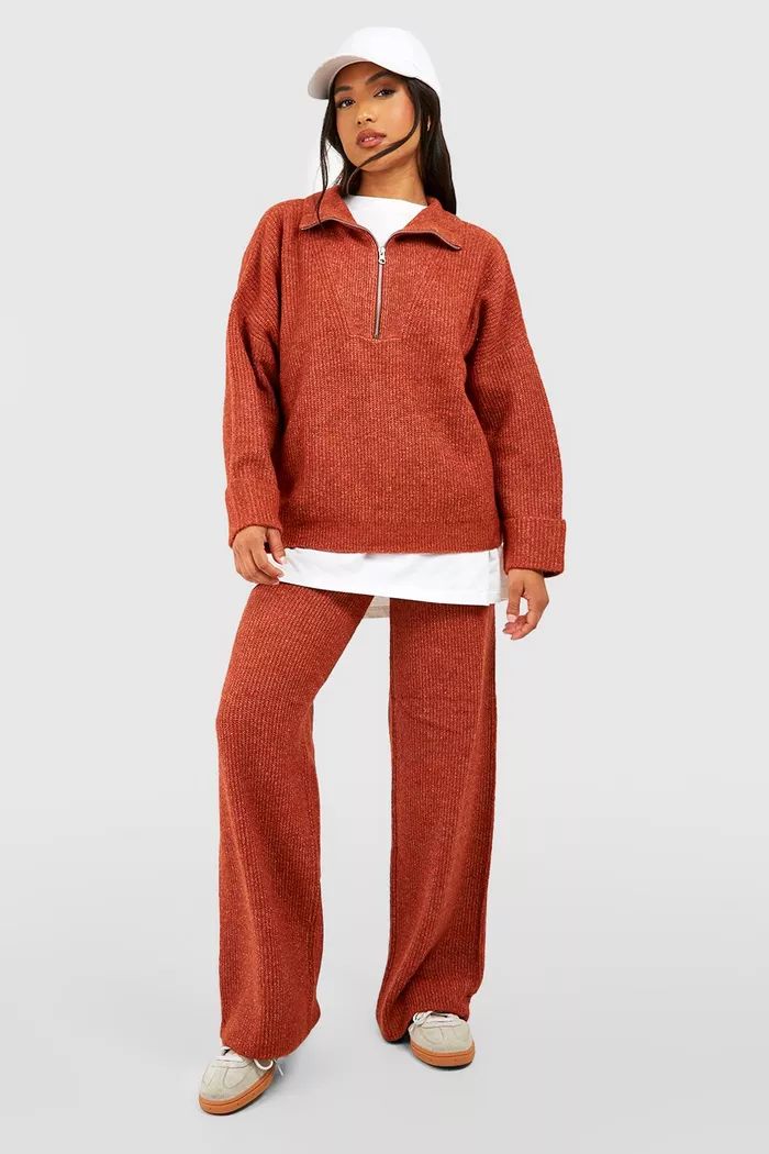 Petite Half Zip Funnel Neck And Wide Leg Trouser Knitted Set | Boohoo.com (UK & IE)