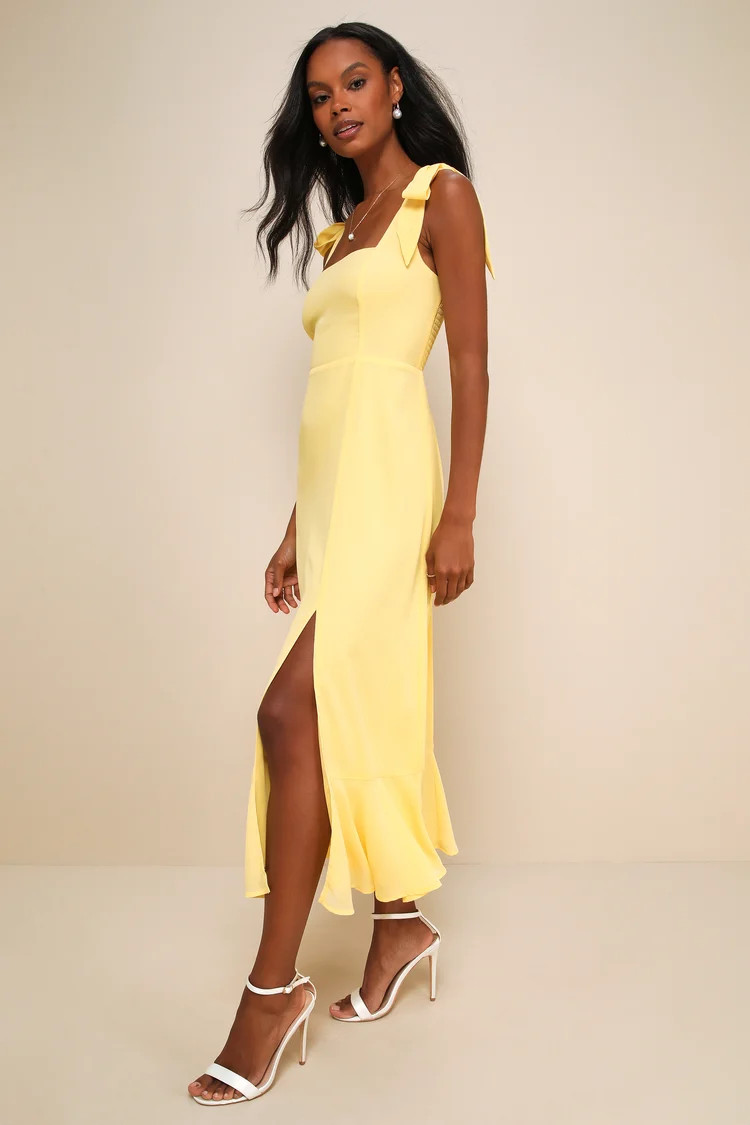 Summer Invite Yellow Tie-Strap Tiered Midi Dress | Lulus