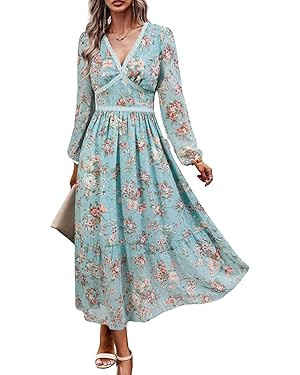 Women's Spring Wrap Maxi Dress Floral V Neck Long Sleeve Wedding Guest Party Casual Chiffon Dress | Amazon (US)