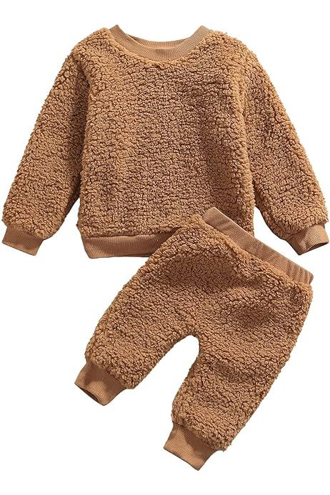 Toddler Infant Baby Boy Girl Fall Winter Outfit Sherpa Fleece Sweater Pullover Tops Solid Pants Warm | Amazon (US)