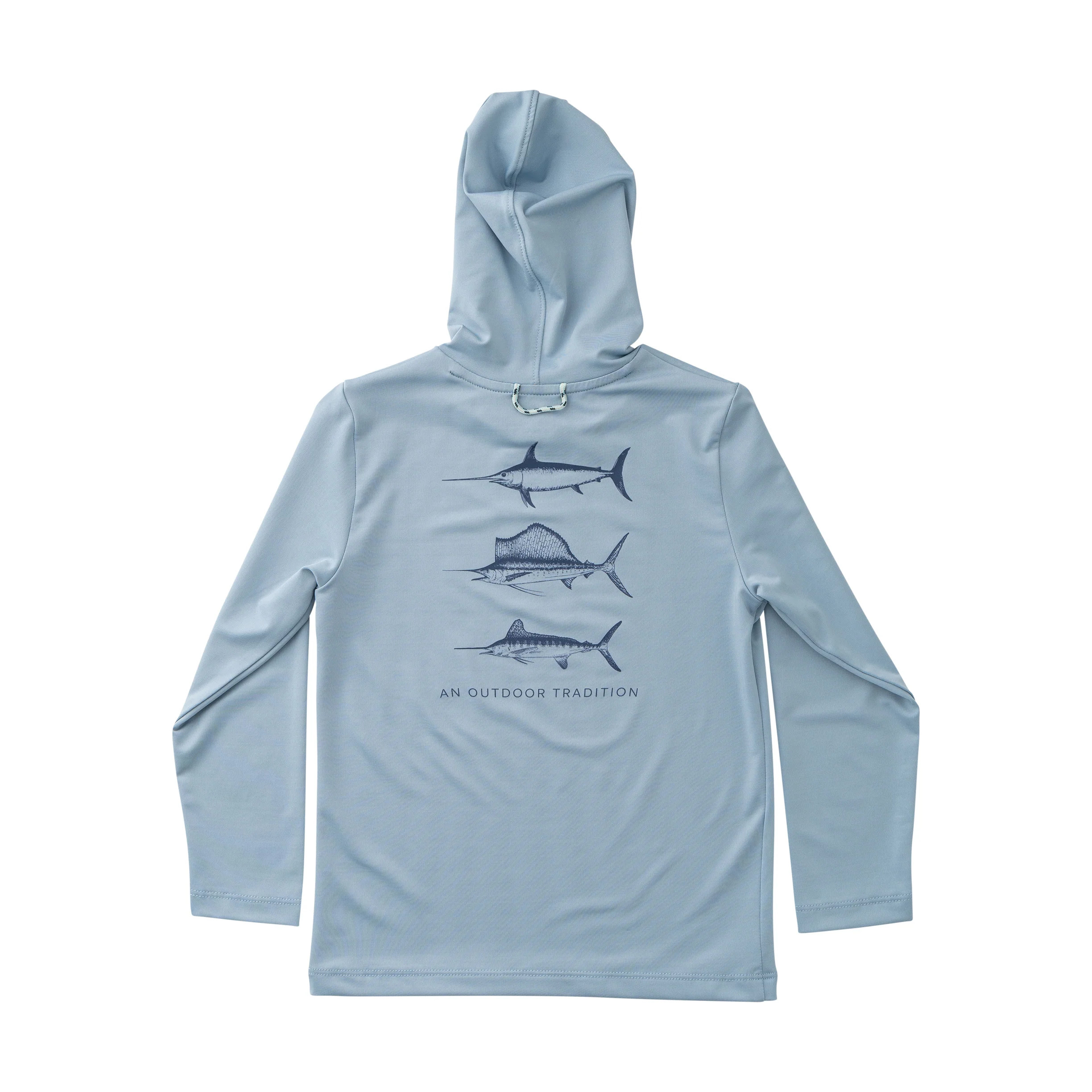 Kid's Pro Performance Hoodie T-shirt in Blue Gray with Swordfish, Sailfish and Marlin | PRODOH