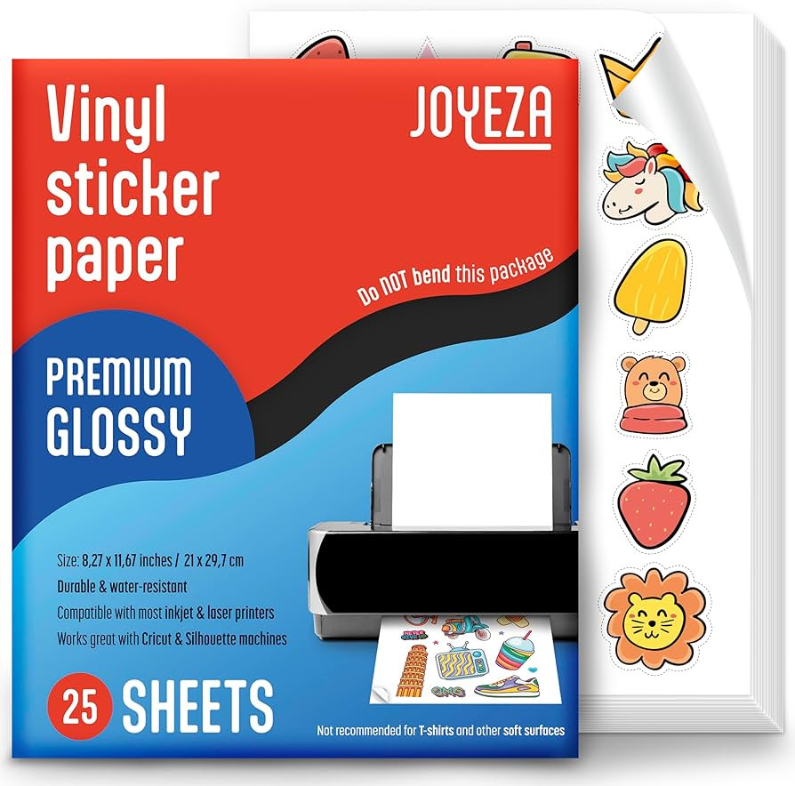 JOYEZA Premium Printable Vinyl Sticker Paper for Inkjet Printer - 25 Sheets Glossy White Waterpro... | Amazon (US)