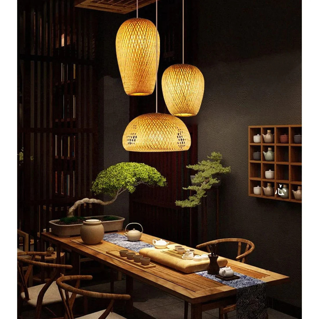 3 light rattan chandelier farmhouse bamboo pendant light fixture dining ceiling pendant | Bed Bath & Beyond