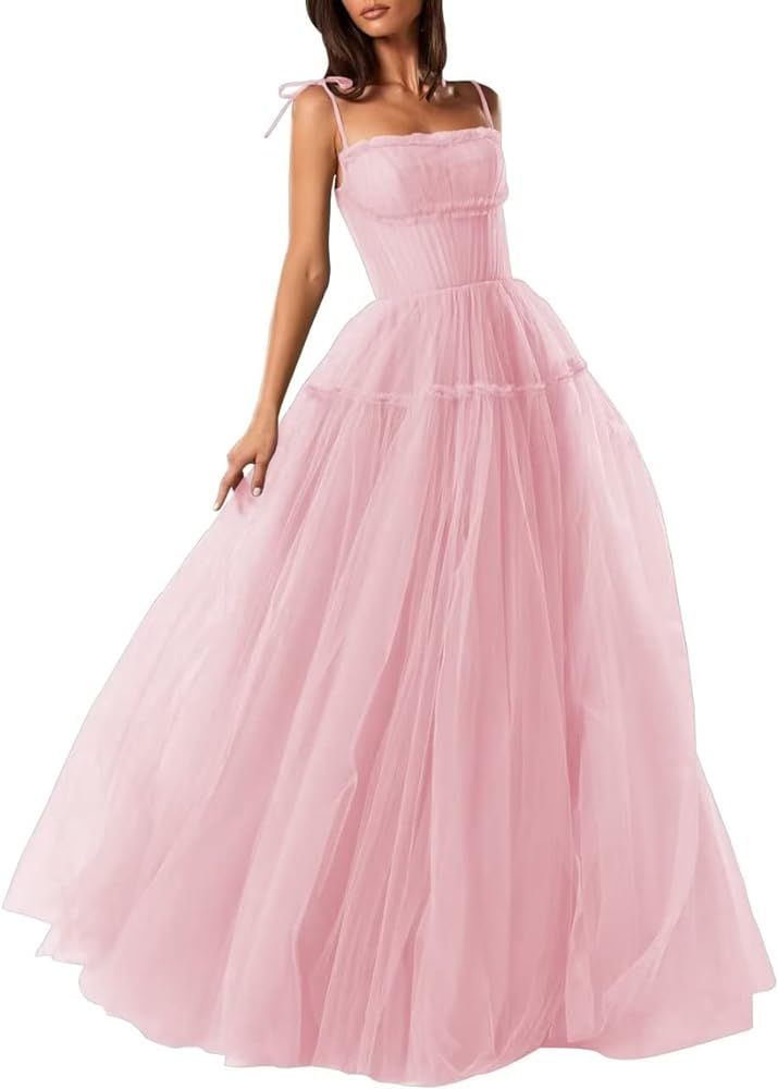 Spaghetti Straps Prom Dresses Tulle Long Formal Evening Party Gowns for Women Backless Bridesmaid... | Amazon (US)