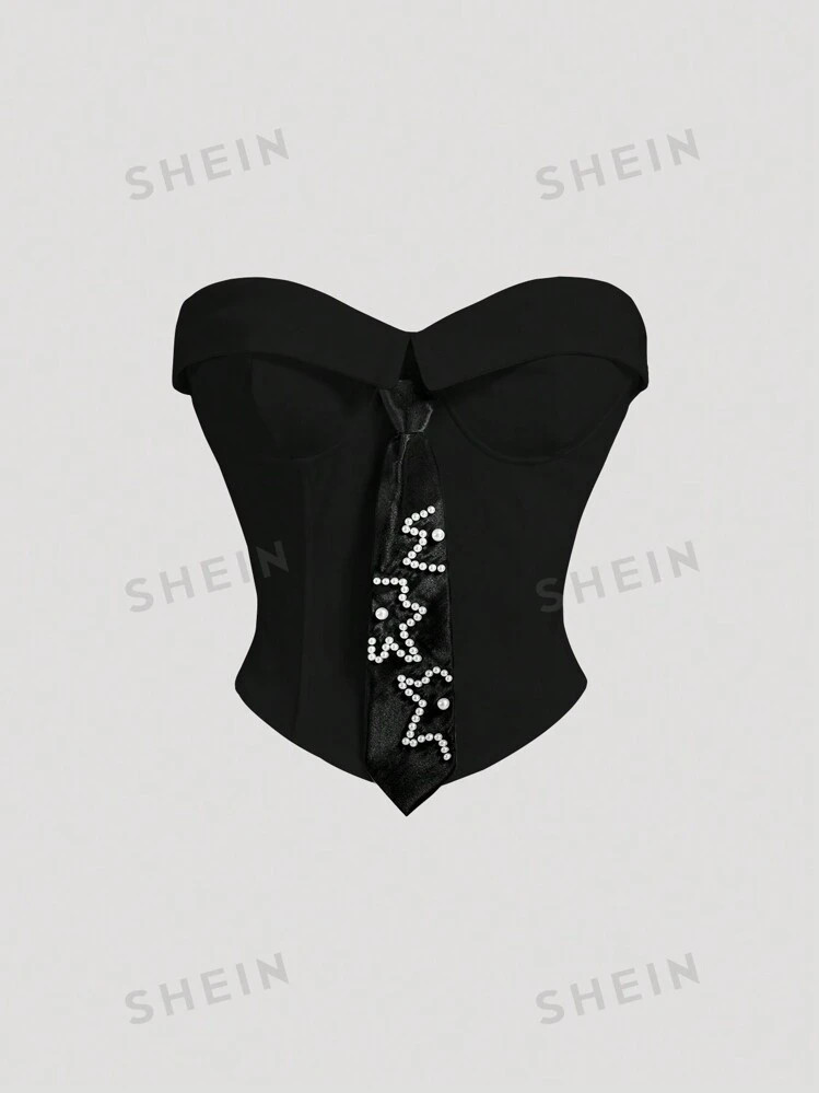 SHEIN MOD Women's Collared Tube Top With Bow Tie Decoration, College Style White Blouse | SHEIN