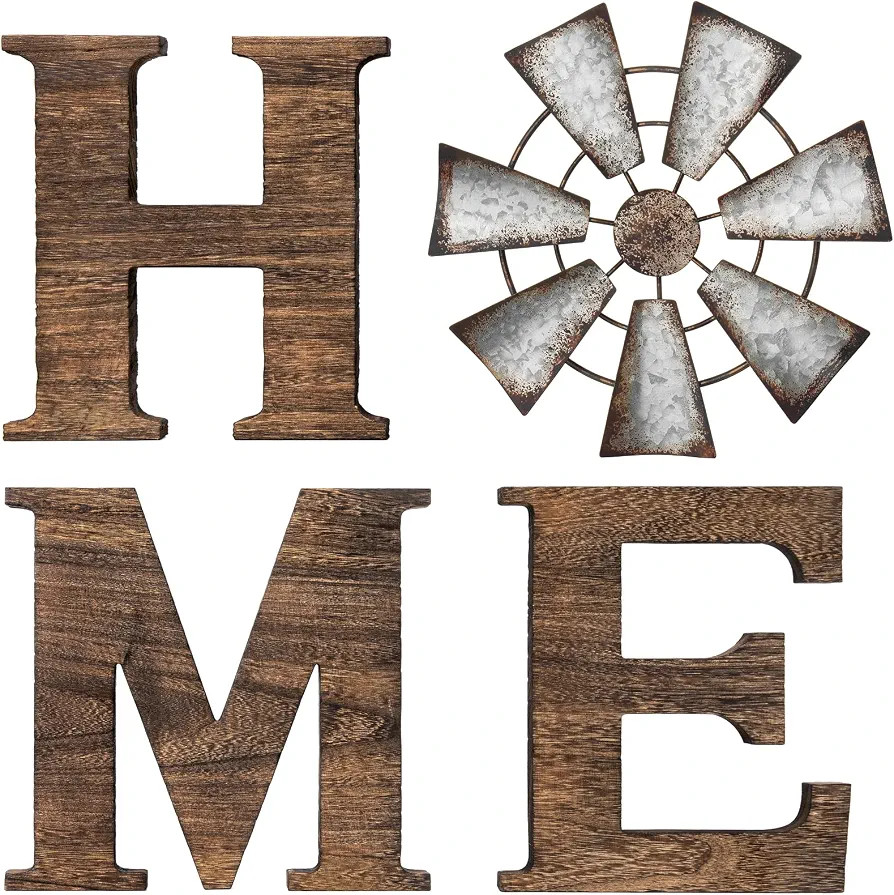 Mkono Farmhouse Wall Decor Wooden Home Sign with Metal Windmill for O Rustic Hanging Letters Deco... | Amazon (US)