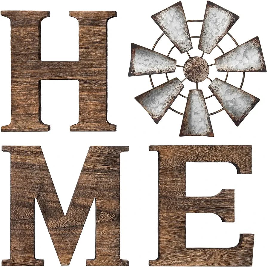 Mkono Farmhouse Wall Decor Wooden Home Sign with Metal Windmill for O Rustic Hanging Letters Deco... | Amazon (US)