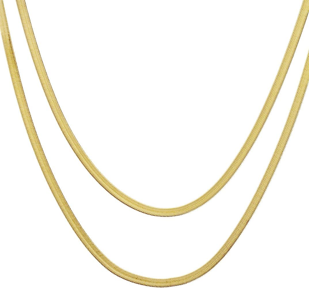 metaltree98 Fashion Born to Shiny 14K Gold Plated 5 mm 20" / 24" 2 PC Set Herringbone Chain Necklace | Amazon (US)
