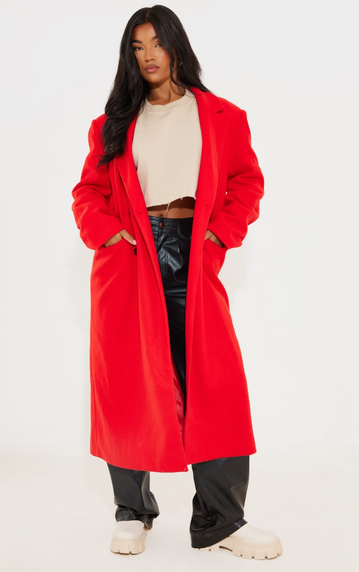 Bright Red Maxi Length Wool Look Double Breasted Coat | PrettyLittleThing US