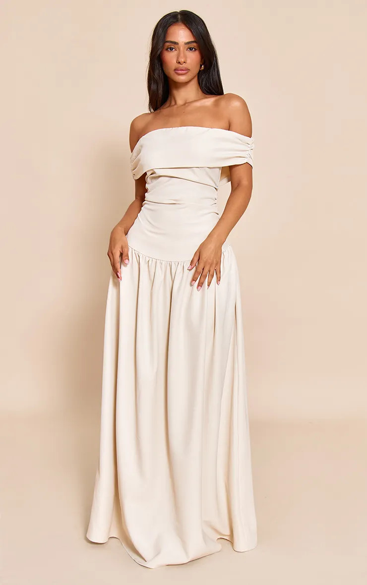 Almond Off Shoulder Pleated Maxi Dress | PrettyLittleThing USA | PrettyLittleThing US
