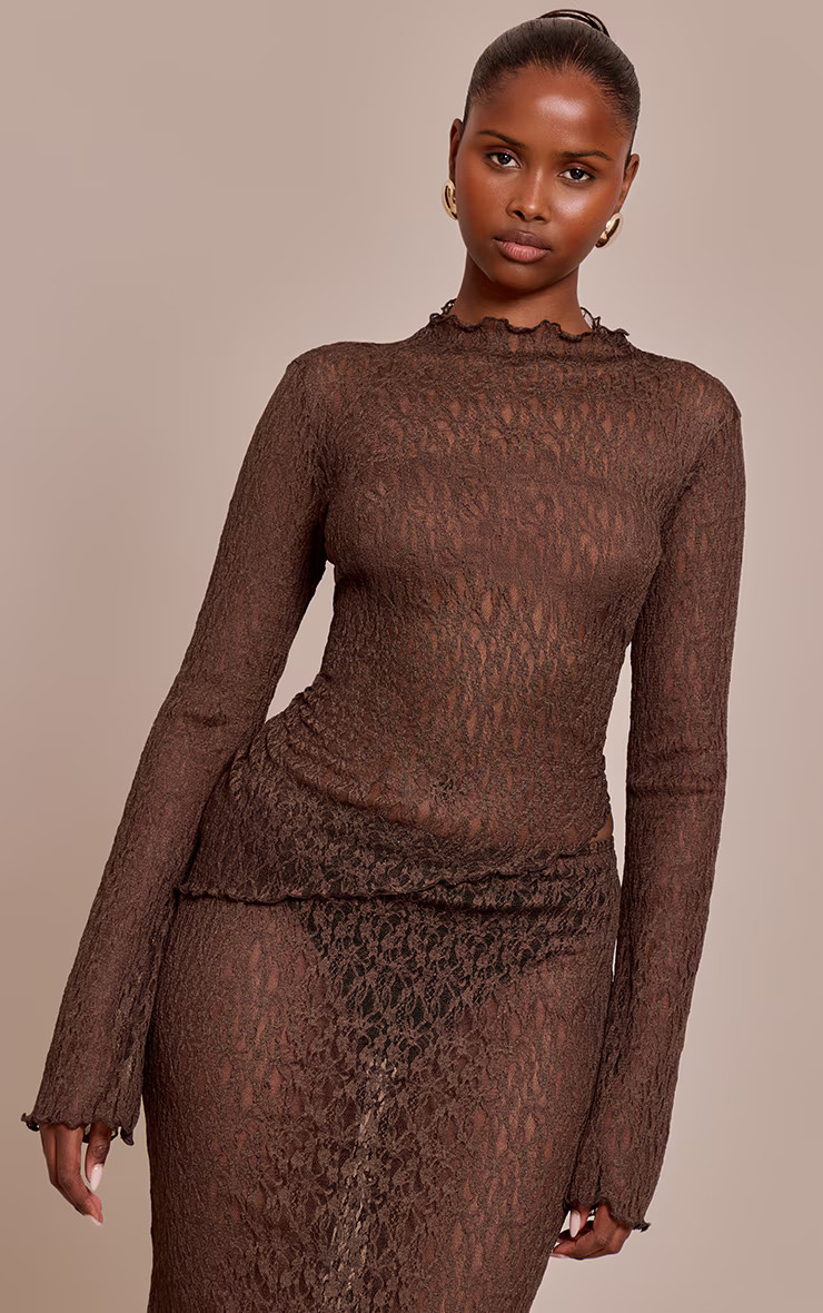 Dark Brown Sheer Lace Asymmetric Long Top | Co-ords | PrettyLittleThing UK