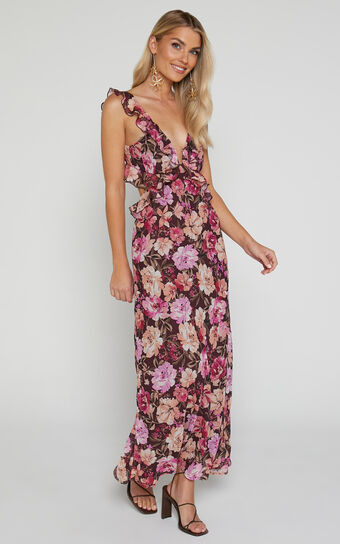 Alessa Midaxi Dress - V Neck Frill Detail Empire Waist Back Cut Out Dress in Wine Floral | Showpo (US, UK & Europe)