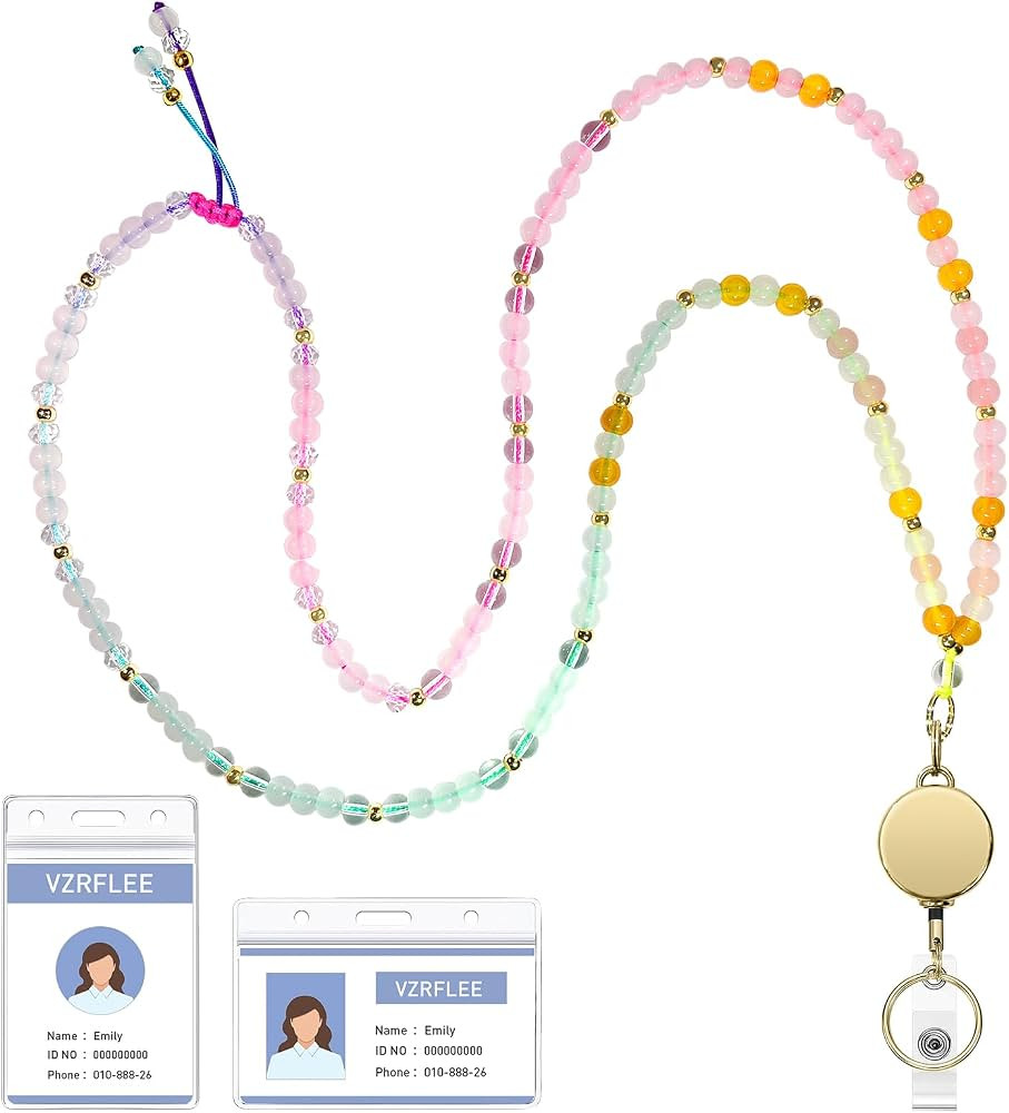 Lanyards for ID Badges, Retractable Natural Stone Beaded Teacher Lanyard with ID Holders Badge Re... | Amazon (US)