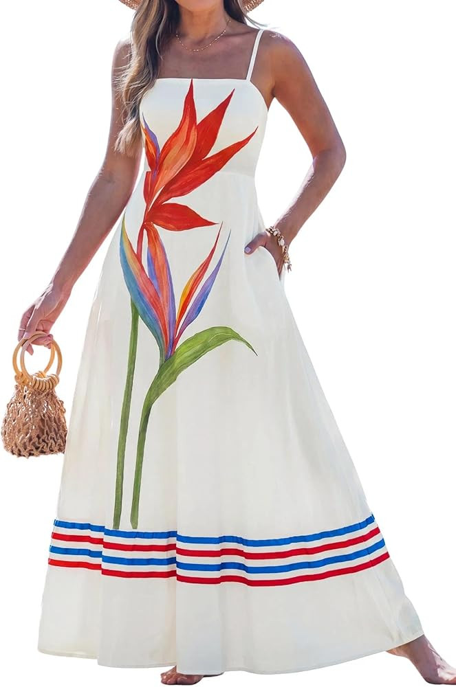 popvil Women Summer Maxi Dress 2026 Spaghetti Strap Long Beach Dress Boho A-Line Flowy Casual Sle... | Amazon (US)