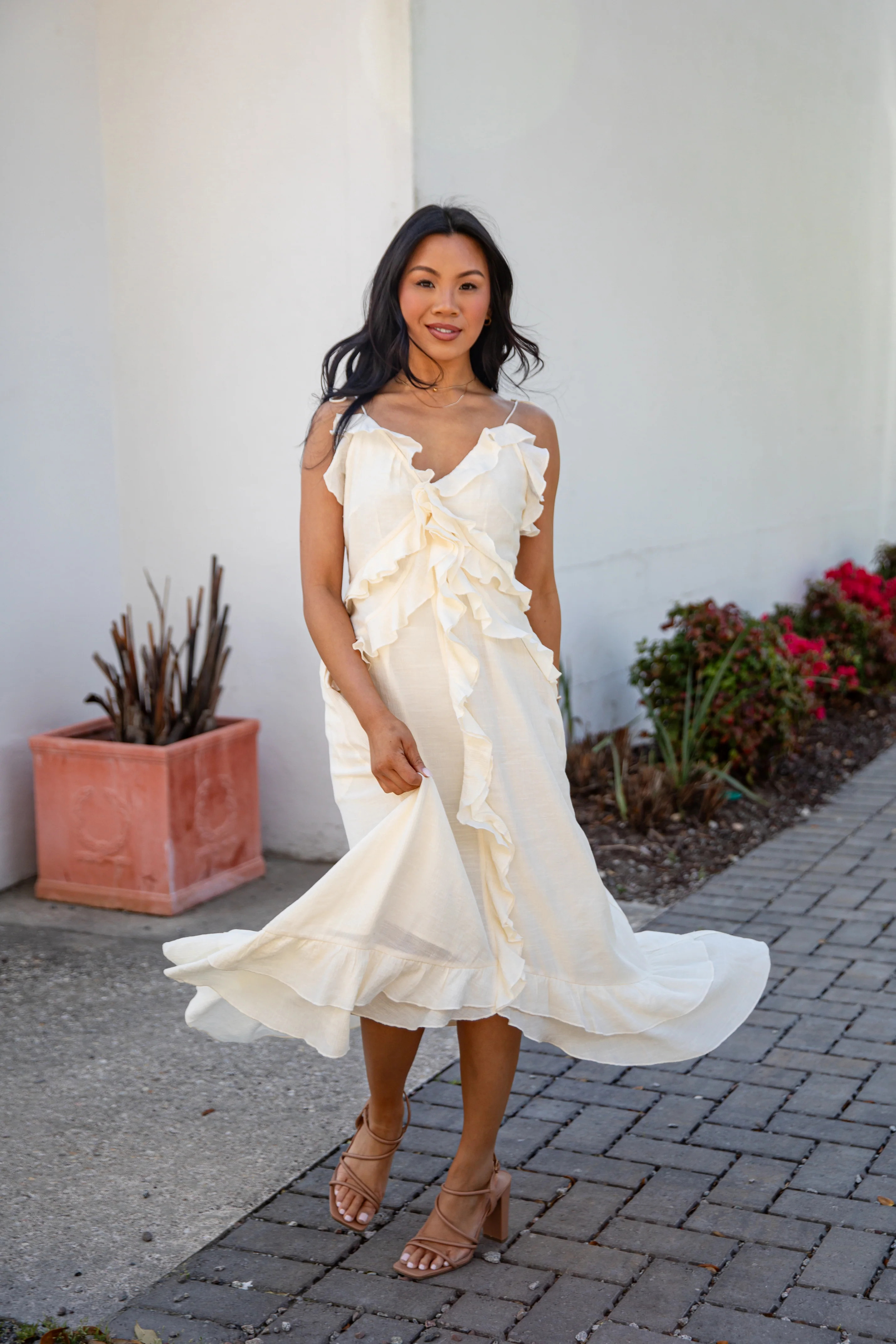 Cream Ruffle Midi Dress | Trendy Women's Dresses | ShopDressUp | Dress Up