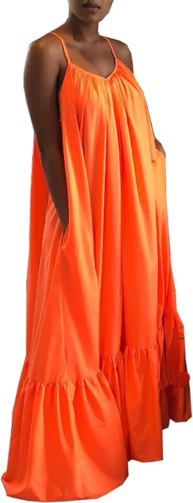 Sriswel Womens Sexy Sleeveless Spaghetti Strap Dress Ruched Ruffle Hem Beach Loose Long Maxi Swin... | Amazon (US)