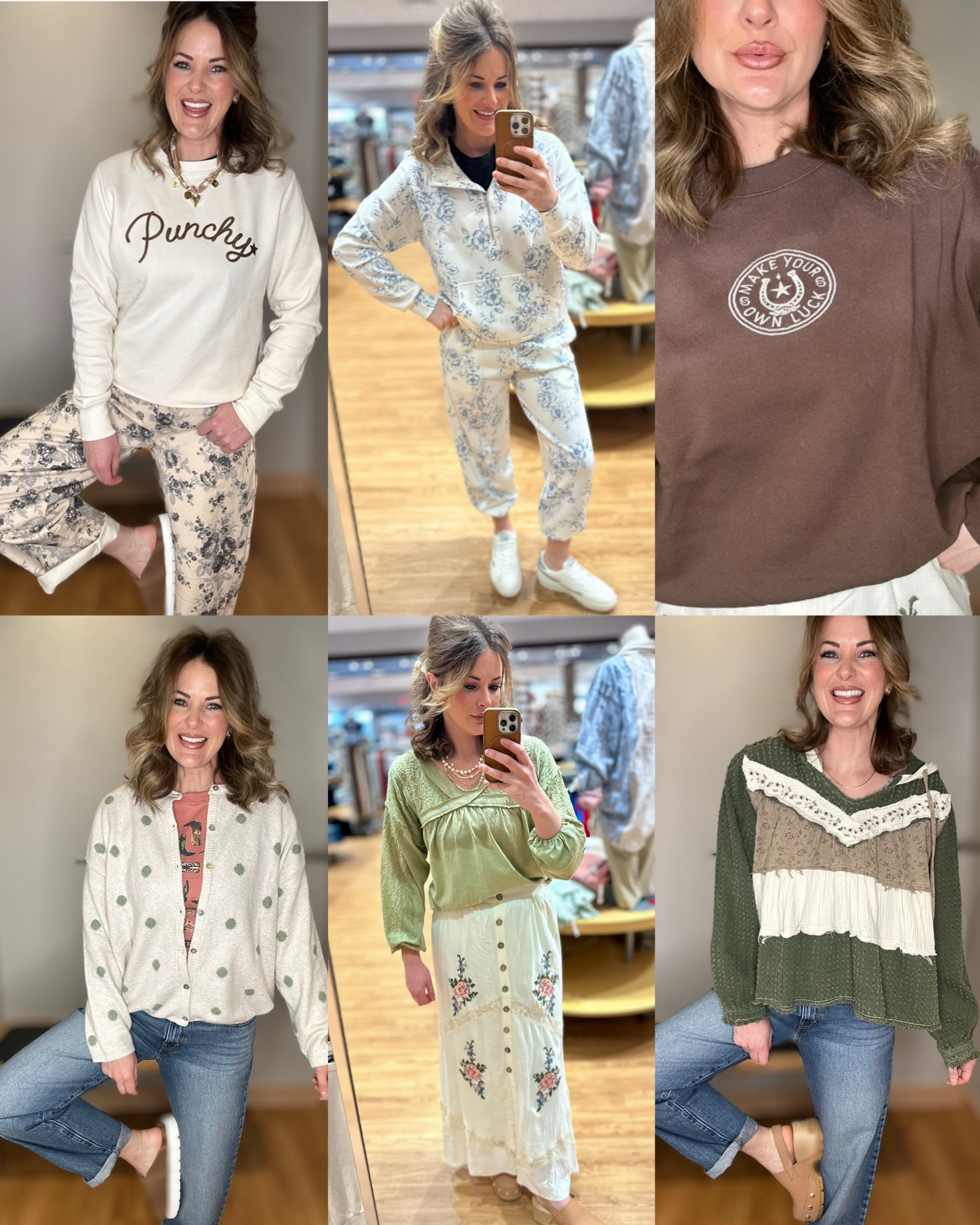 Let’s talk about this collection
‘Blush on the Range’.

Pinks, greens & denim.
Florals + a polka dot sweater you’ll LIVE in. Soft, oversized, easy fits.

A little western flair (because it goes with everything).

Clogs = obsessed. Sorels and Very G. Both pairs you must buy. Comfortable + they go with EVERYTHING!

The perfect Levi’s (I got them for myself 😌).

Girly, effortless, mix-and-match or stand alone pieces.

