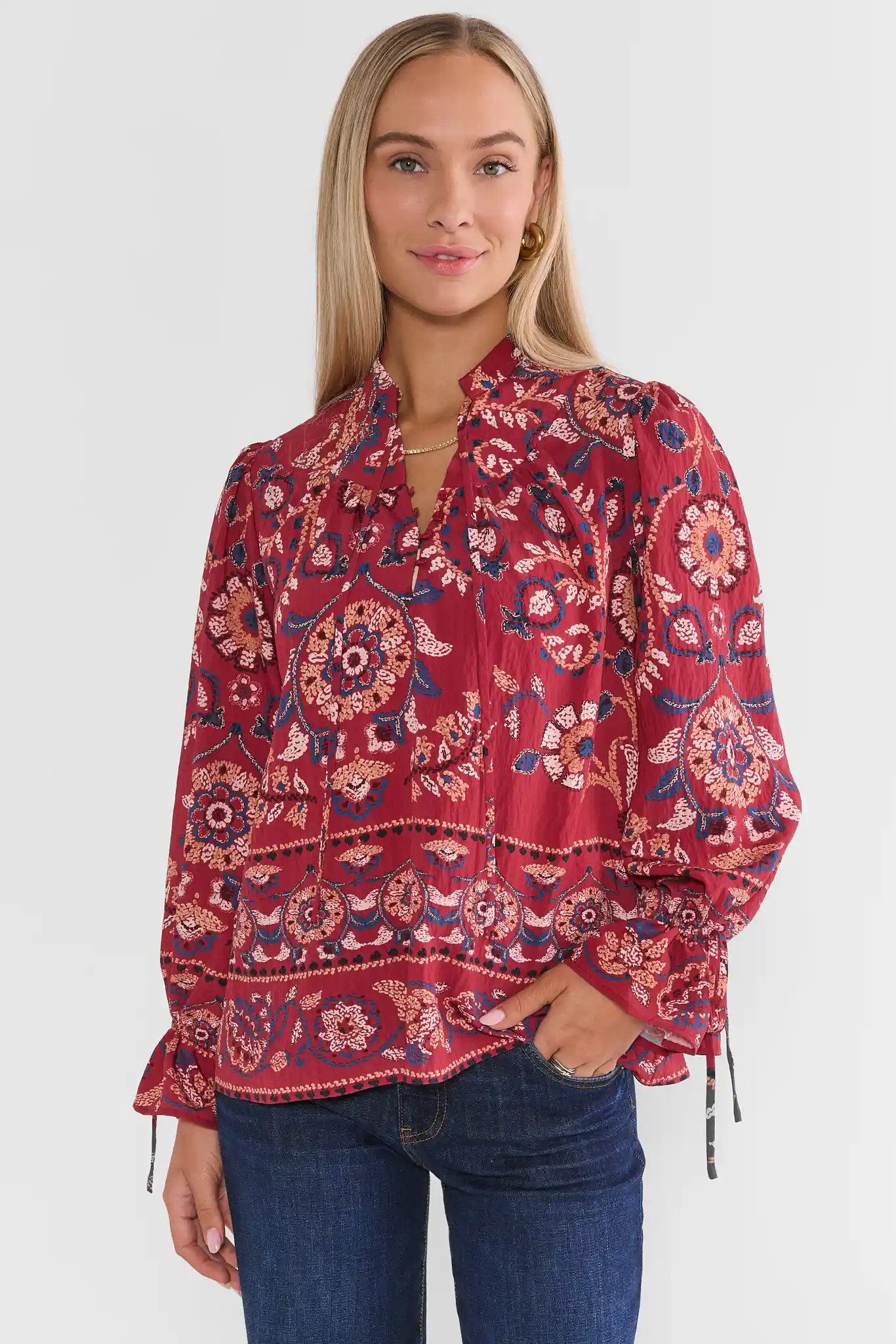 Haven Burgundy Printed Split Neck Top | Avara