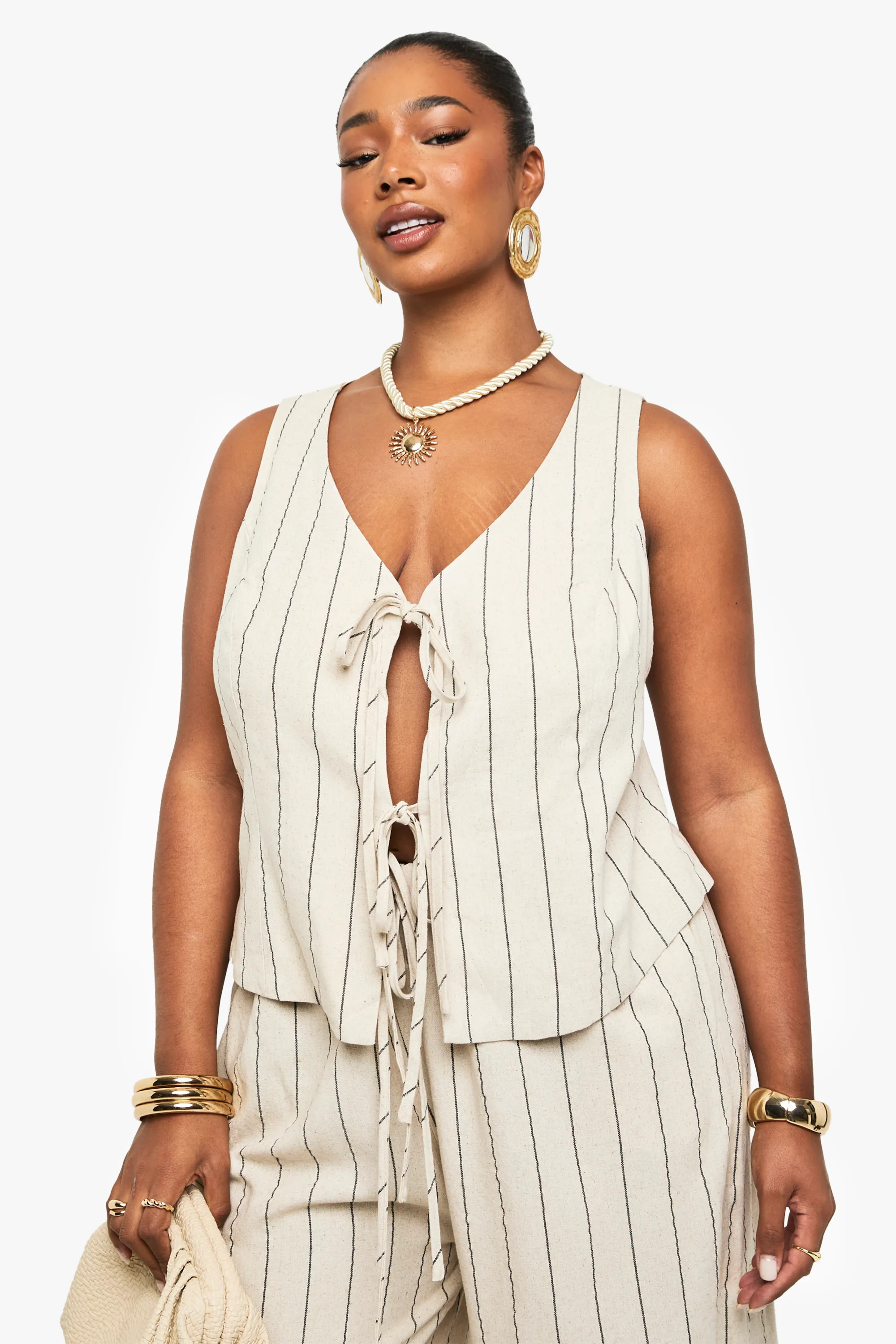 Plus Tie Front Linen Stripe Top | boohoo (US & Canada)